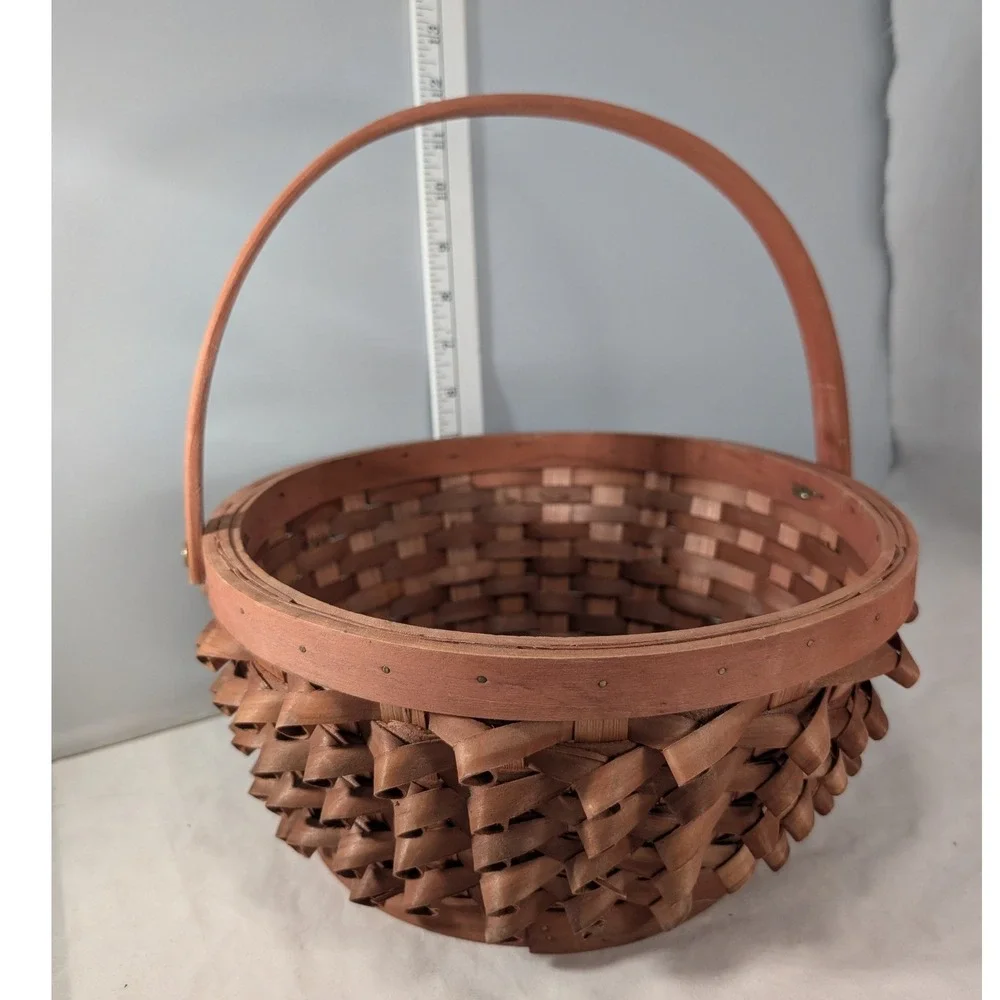 Vtg Porcupine Curl Wicker Basket Round Hand Woven Wood Handle Brown Farmhouse